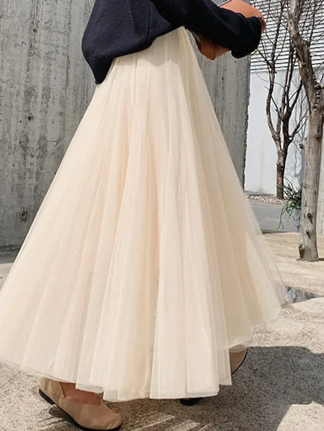 Vintage Style Women's Pleated Tulle Maxi Skirt