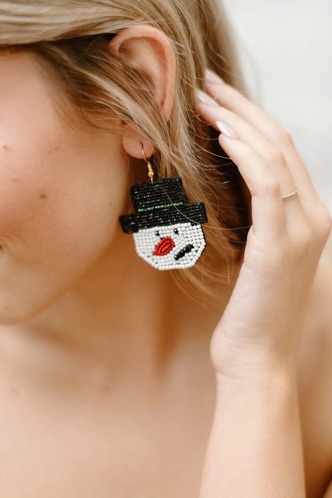 White Beaded Snowman Earrings