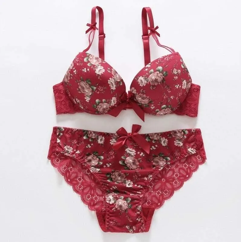 Women Floral Underwire Padded Push Up Bra & Panty Set