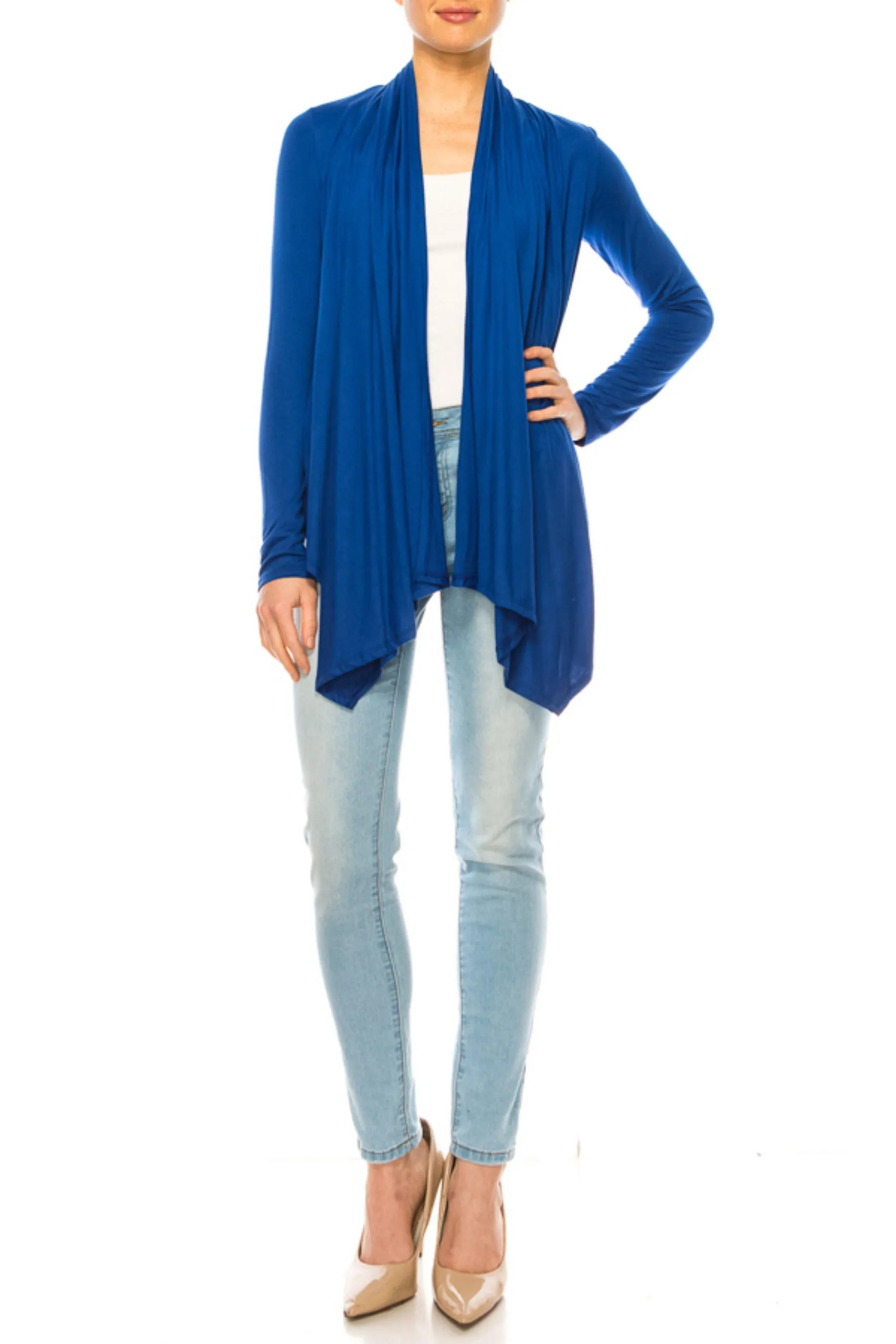 Women's Asymmetric Hem Cardigan with Draped Neck and Open Front