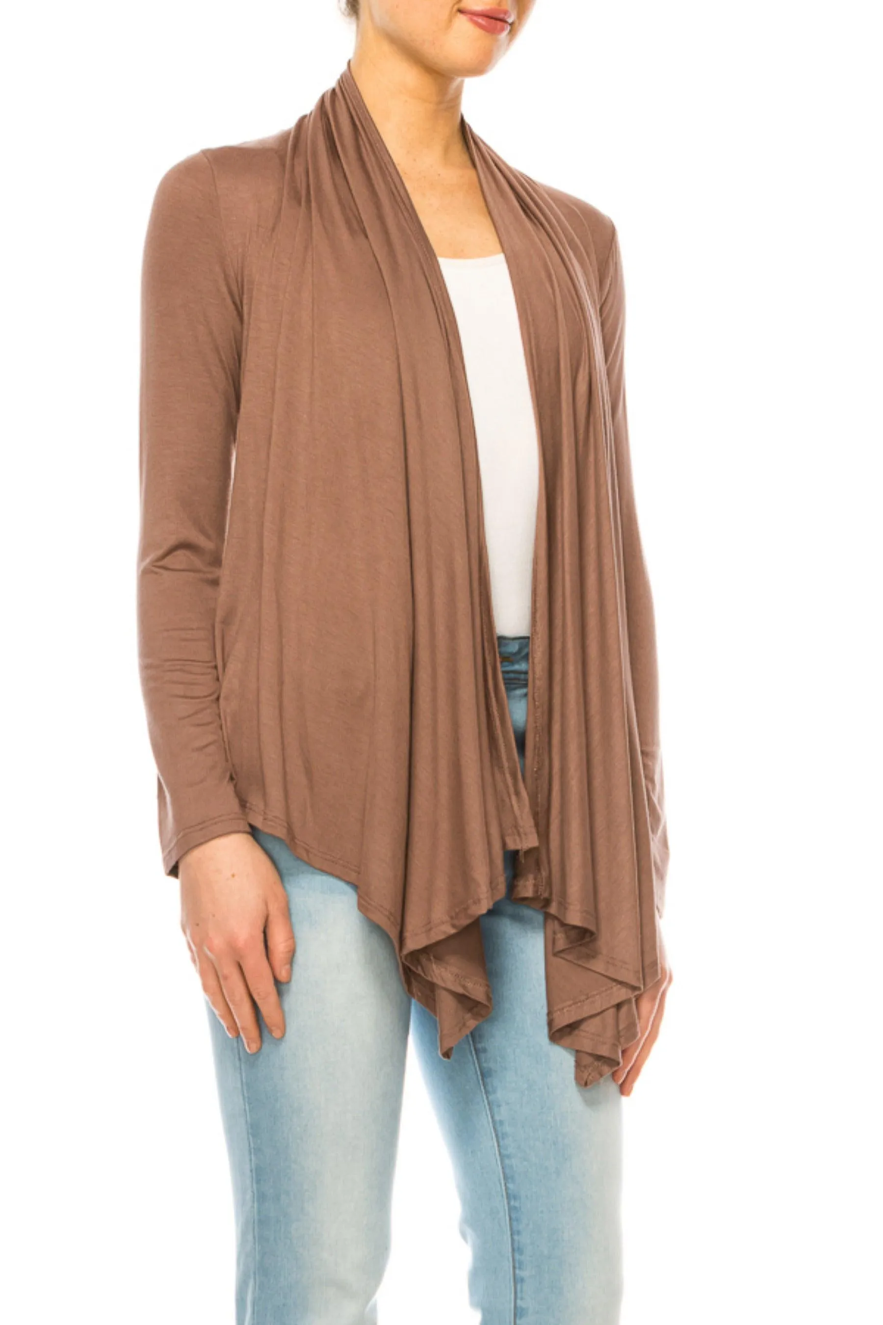 Women's Asymmetric Hem Cardigan with Draped Neck and Open Front