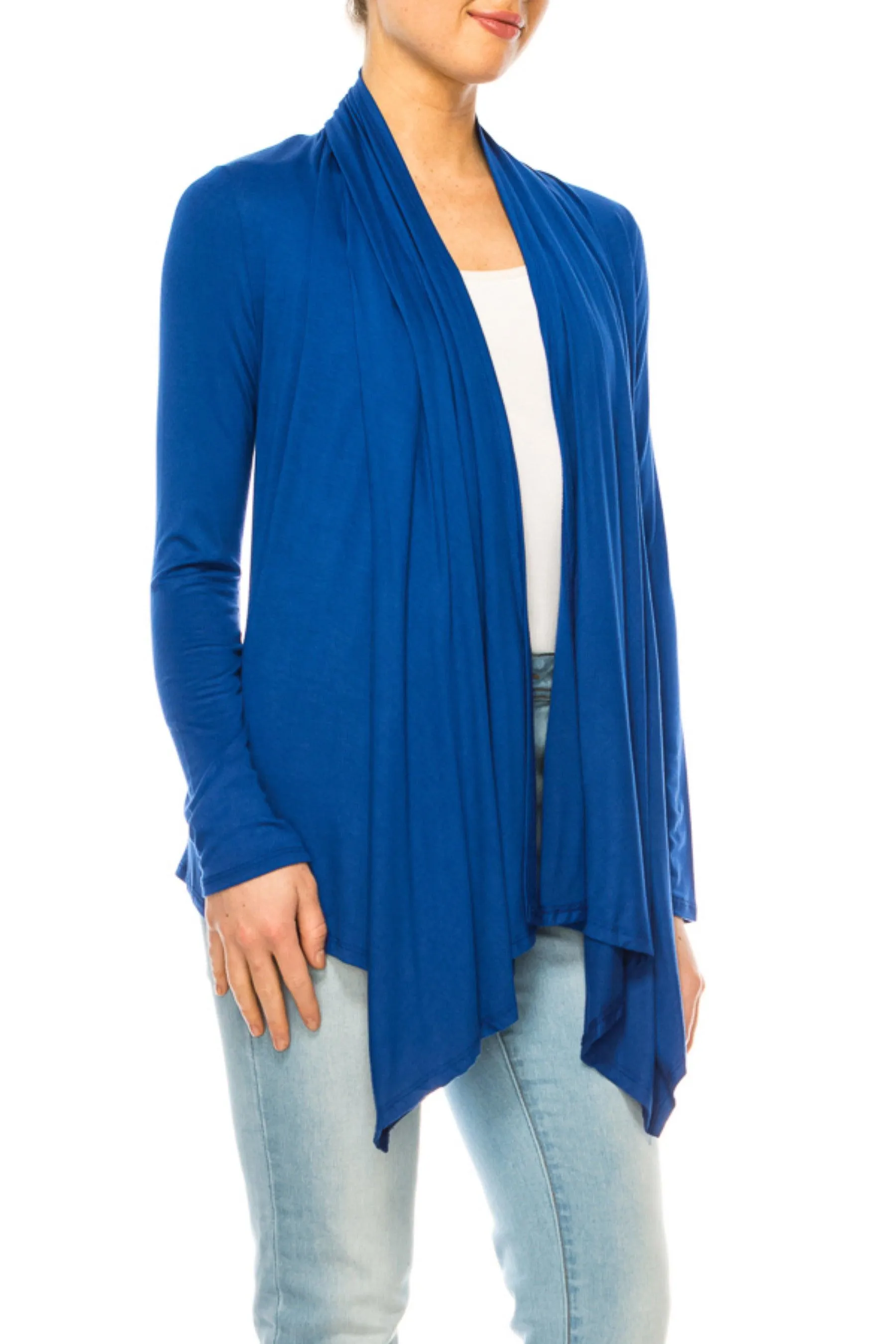 Women's Asymmetric Hem Cardigan with Draped Neck and Open Front