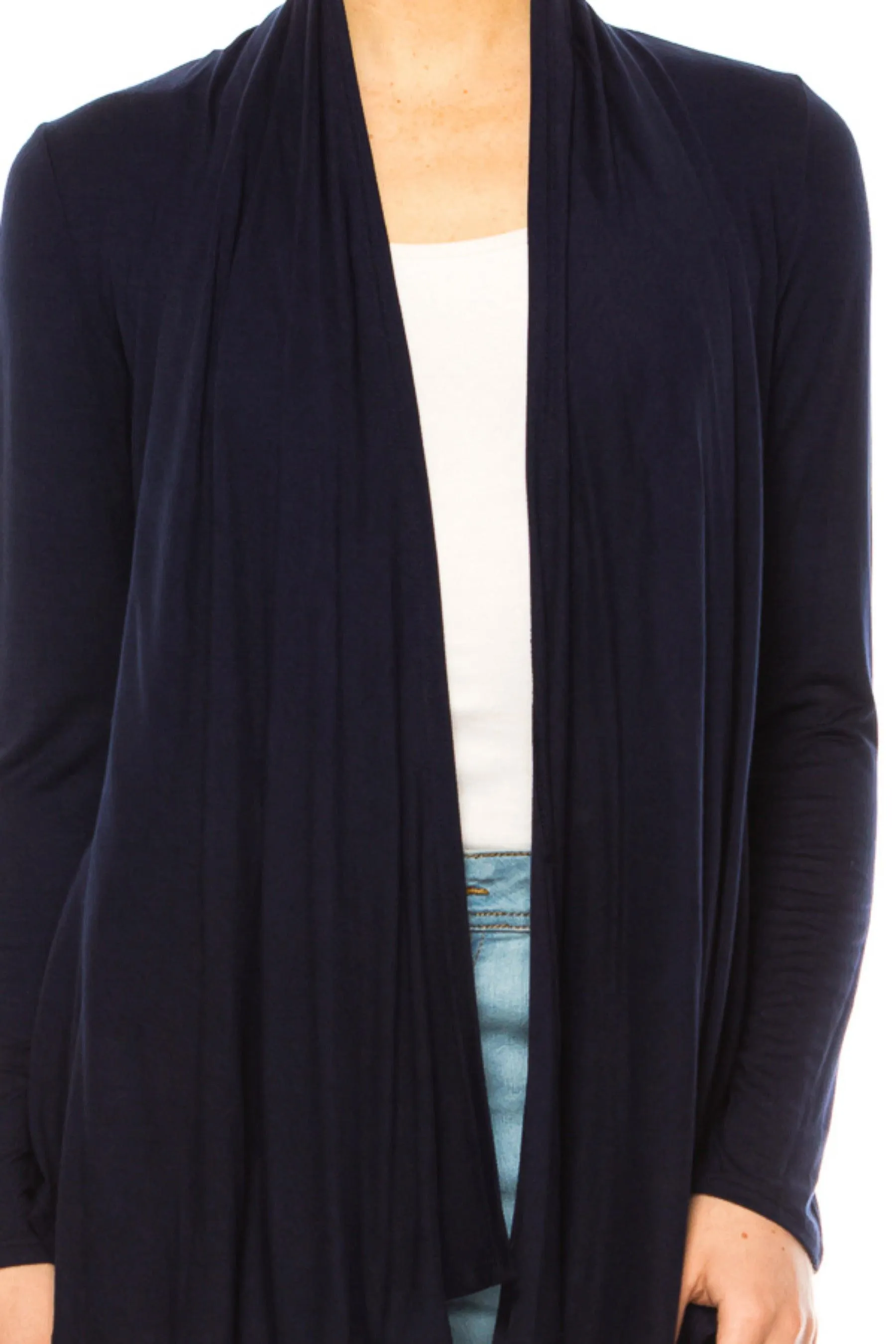 Women's Asymmetric Hem Cardigan with Draped Neck and Open Front