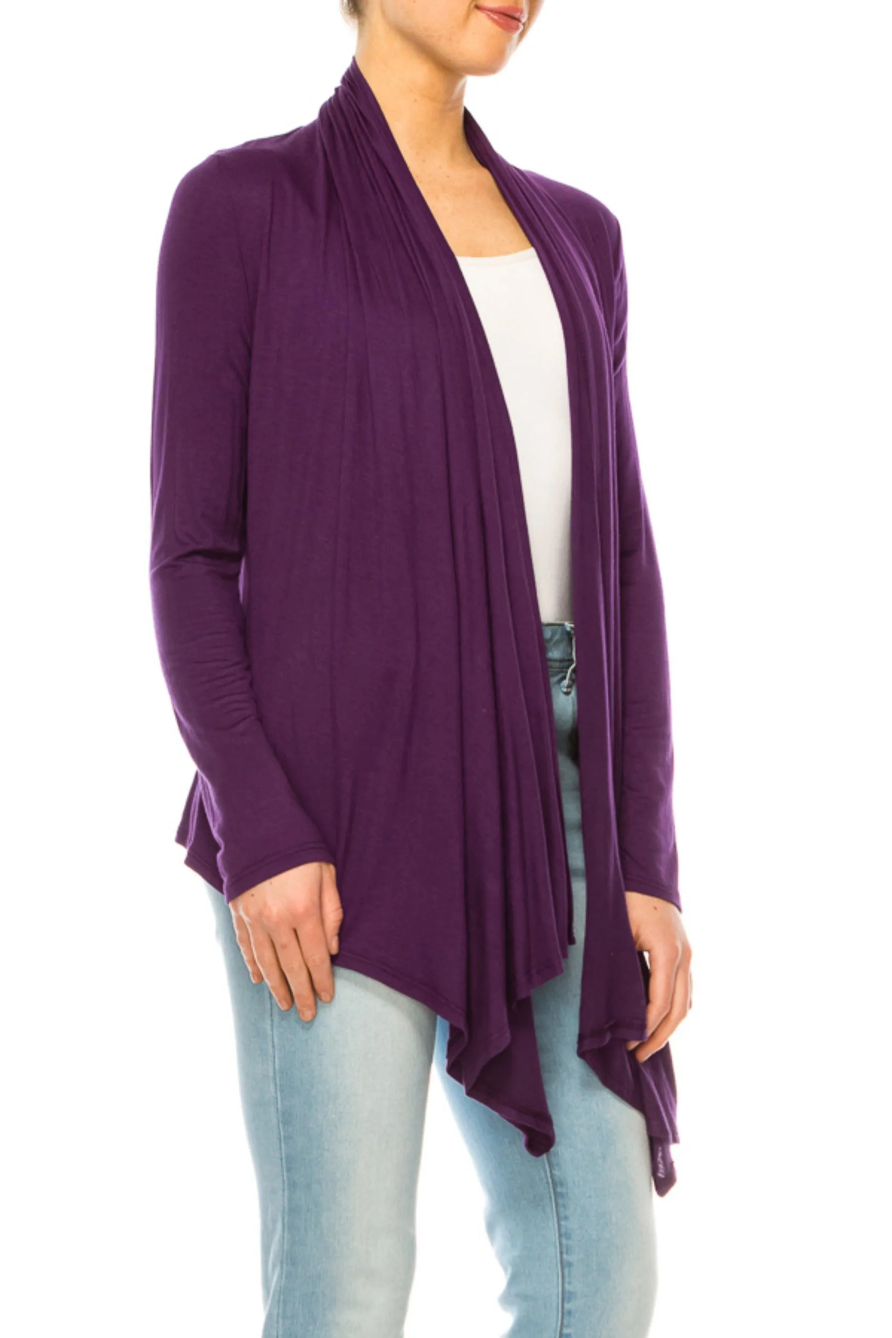 Women's Asymmetric Hem Cardigan with Draped Neck and Open Front