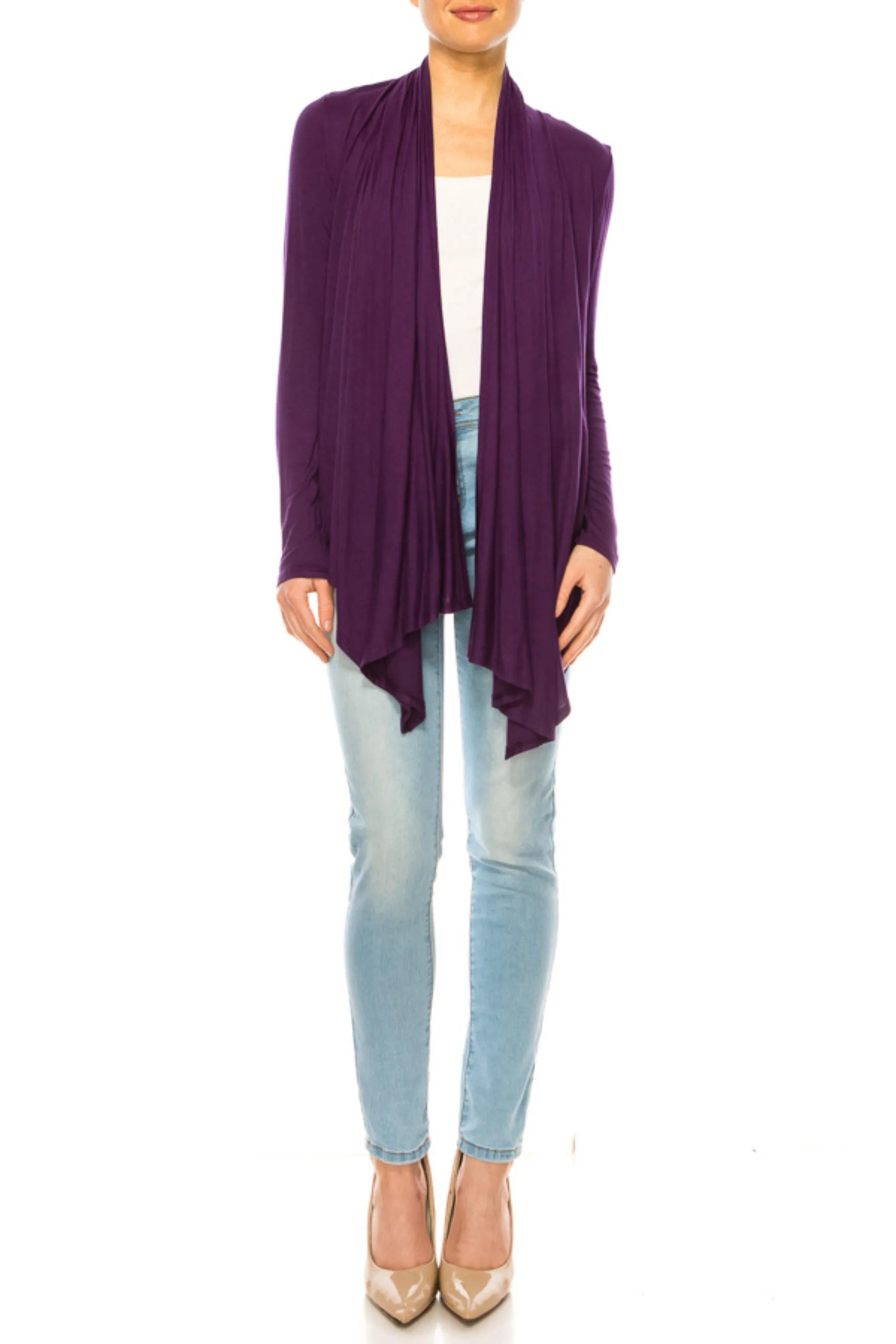 Women's Asymmetric Hem Cardigan with Draped Neck and Open Front