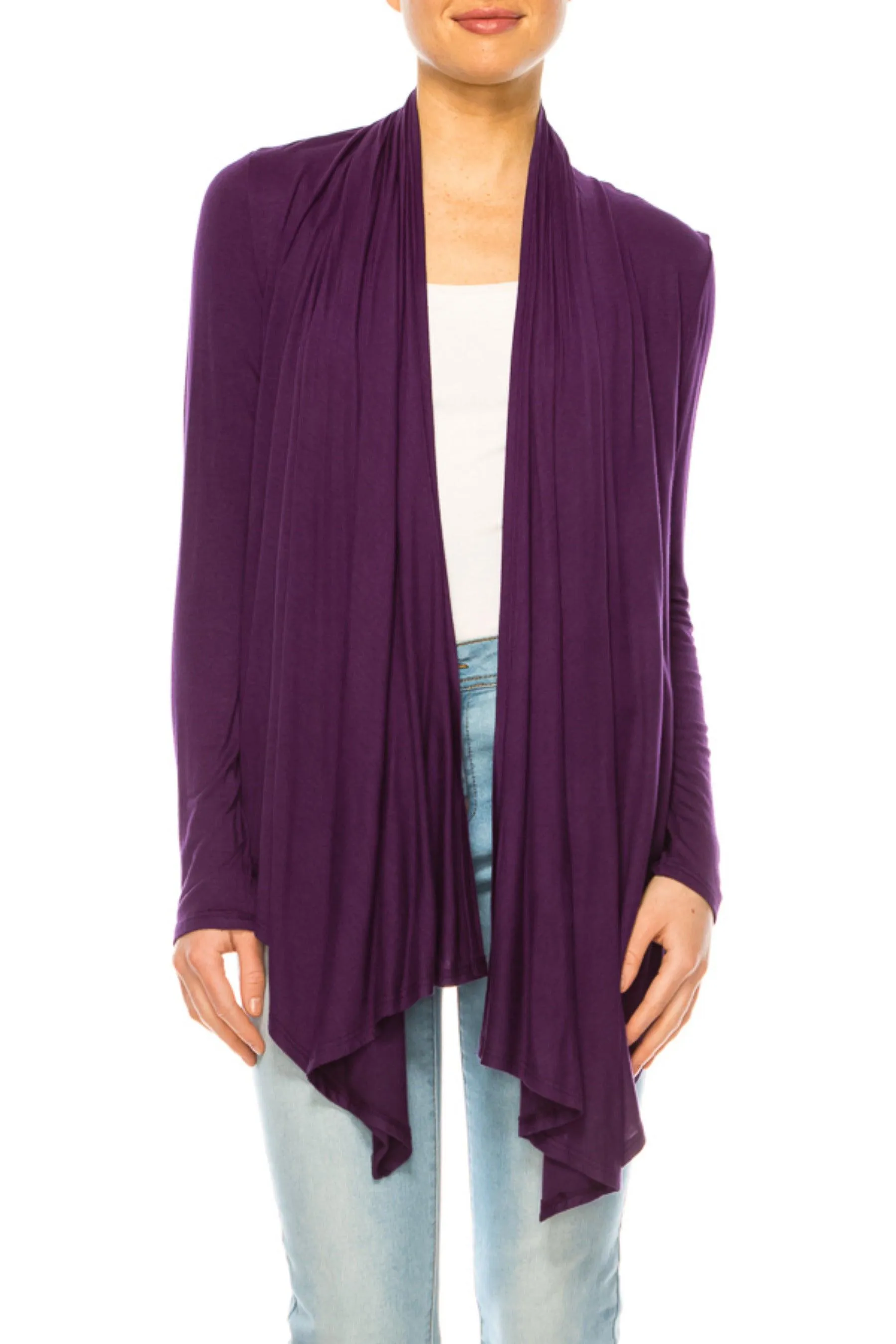 Women's Asymmetric Hem Cardigan with Draped Neck and Open Front