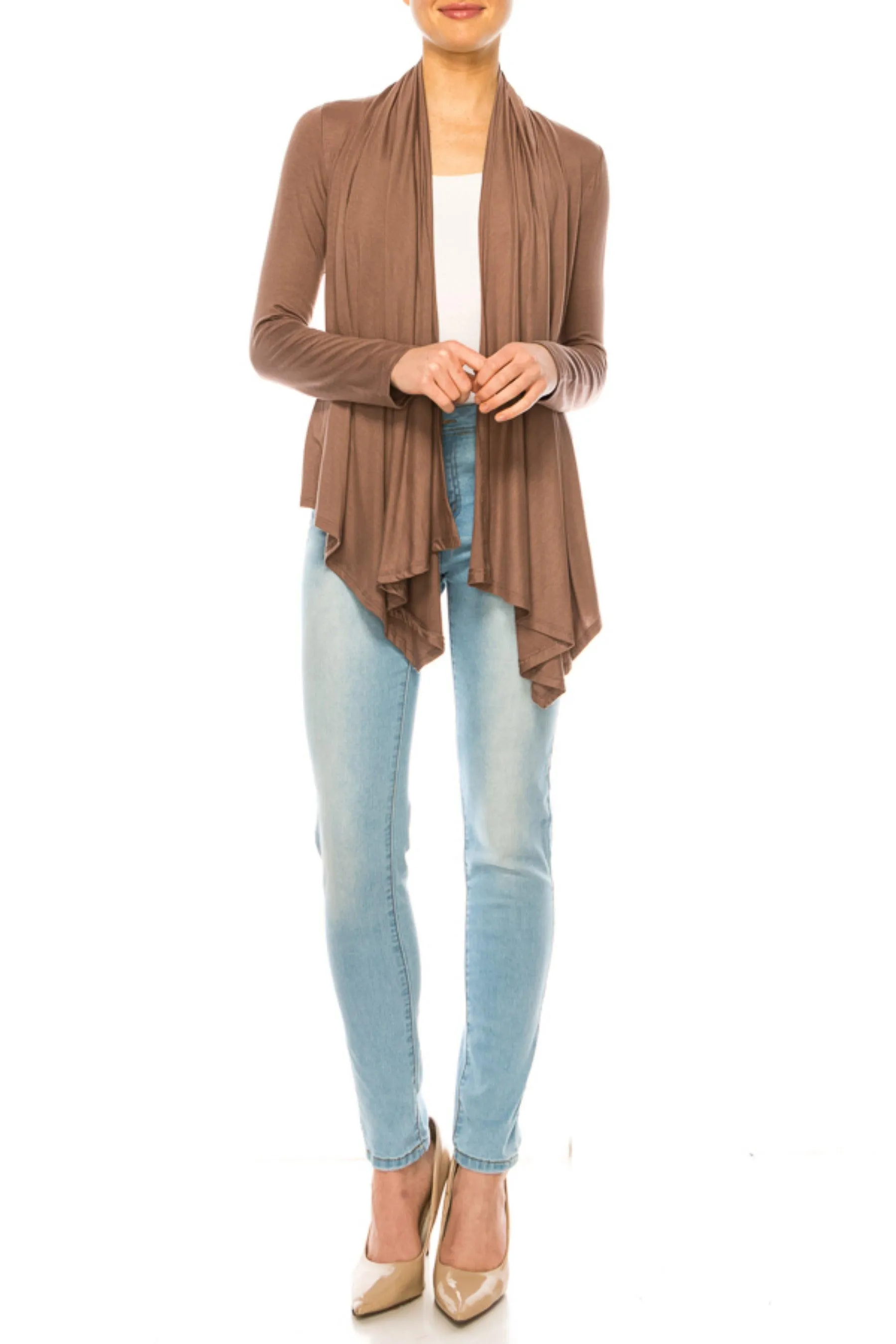 Women's Asymmetric Hem Cardigan with Draped Neck and Open Front