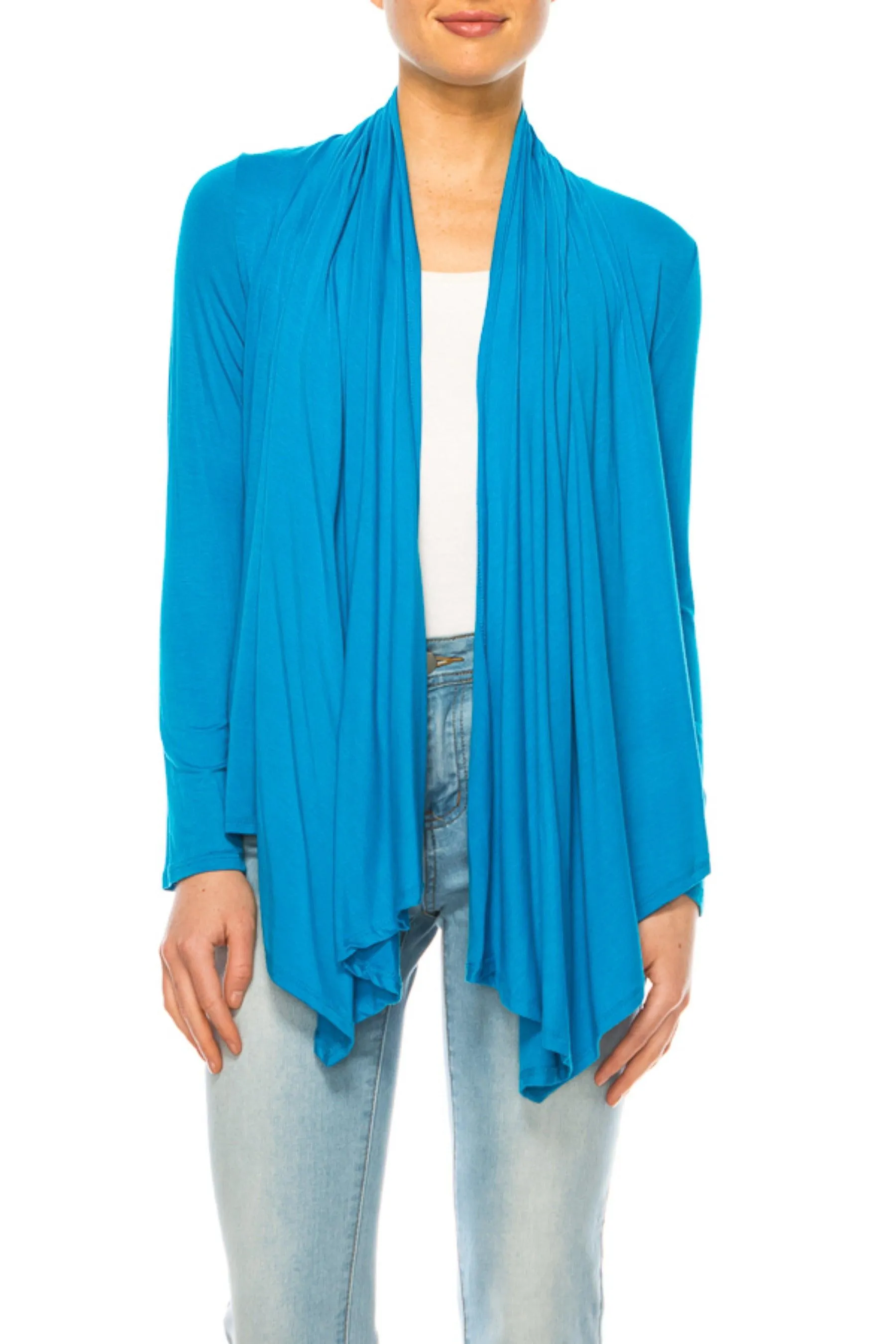 Women's Asymmetric Hem Cardigan with Draped Neck and Open Front