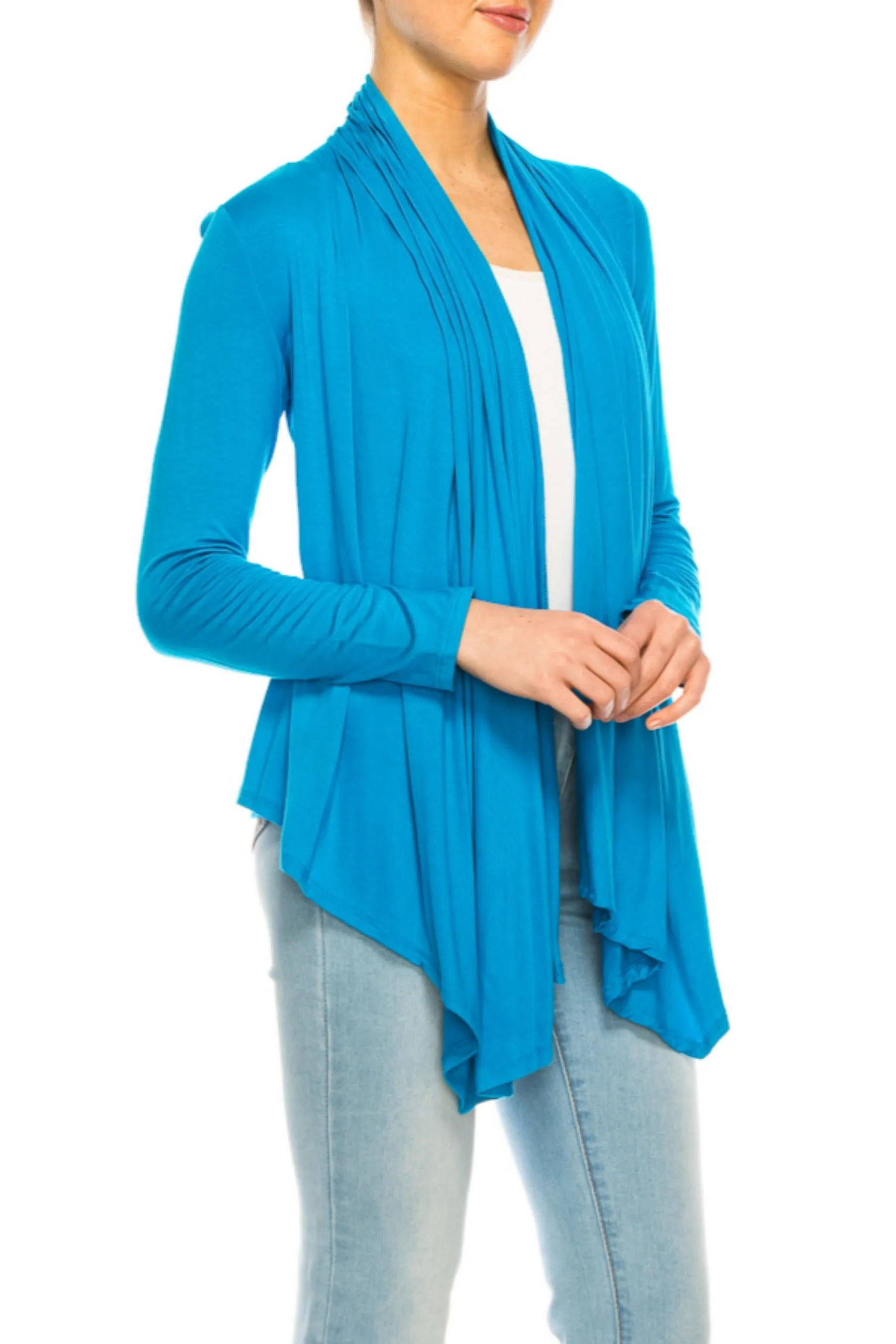 Women's Asymmetric Hem Cardigan with Draped Neck and Open Front