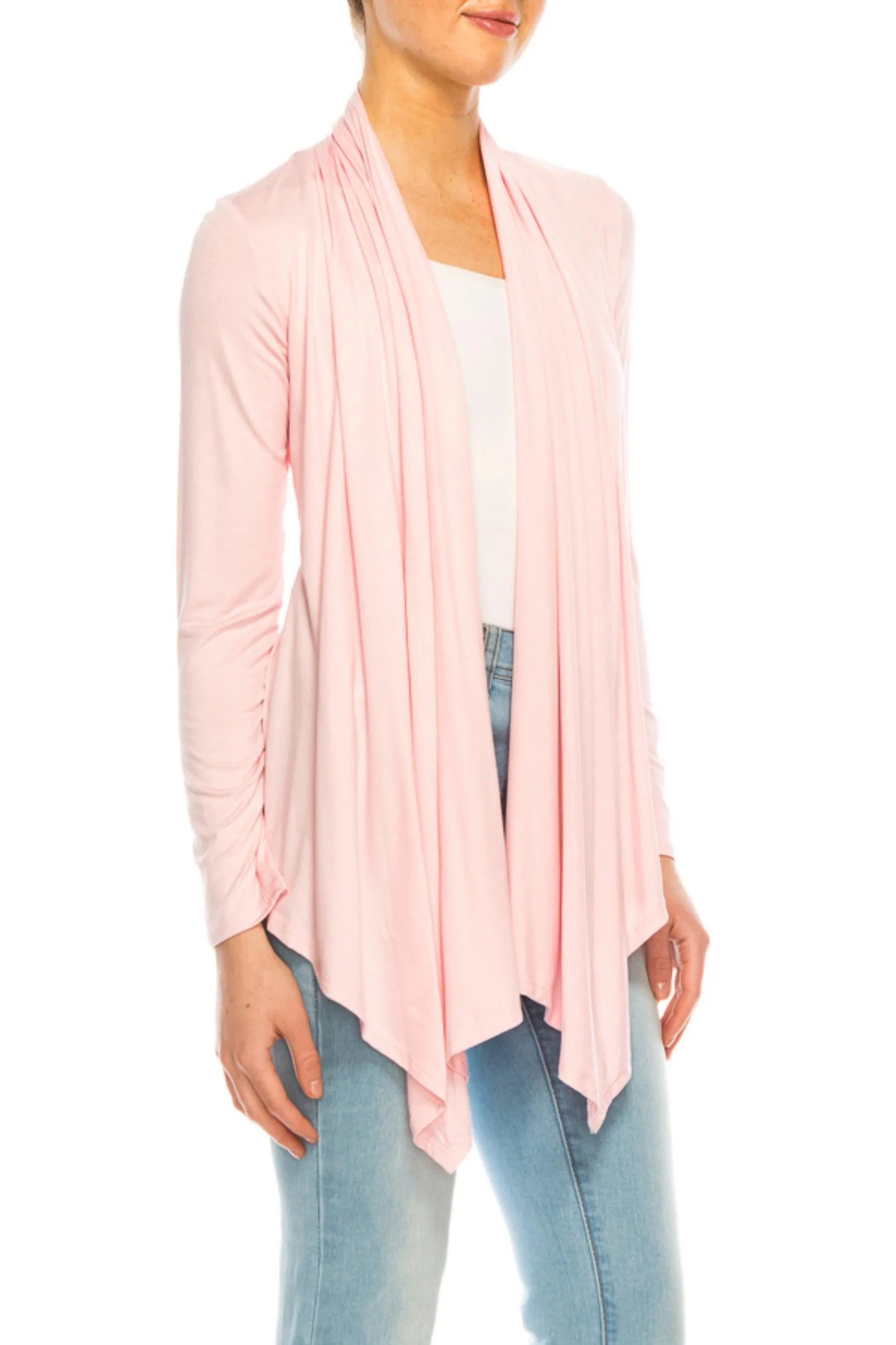 Women's Asymmetric Hem Cardigan with Draped Neck and Open Front