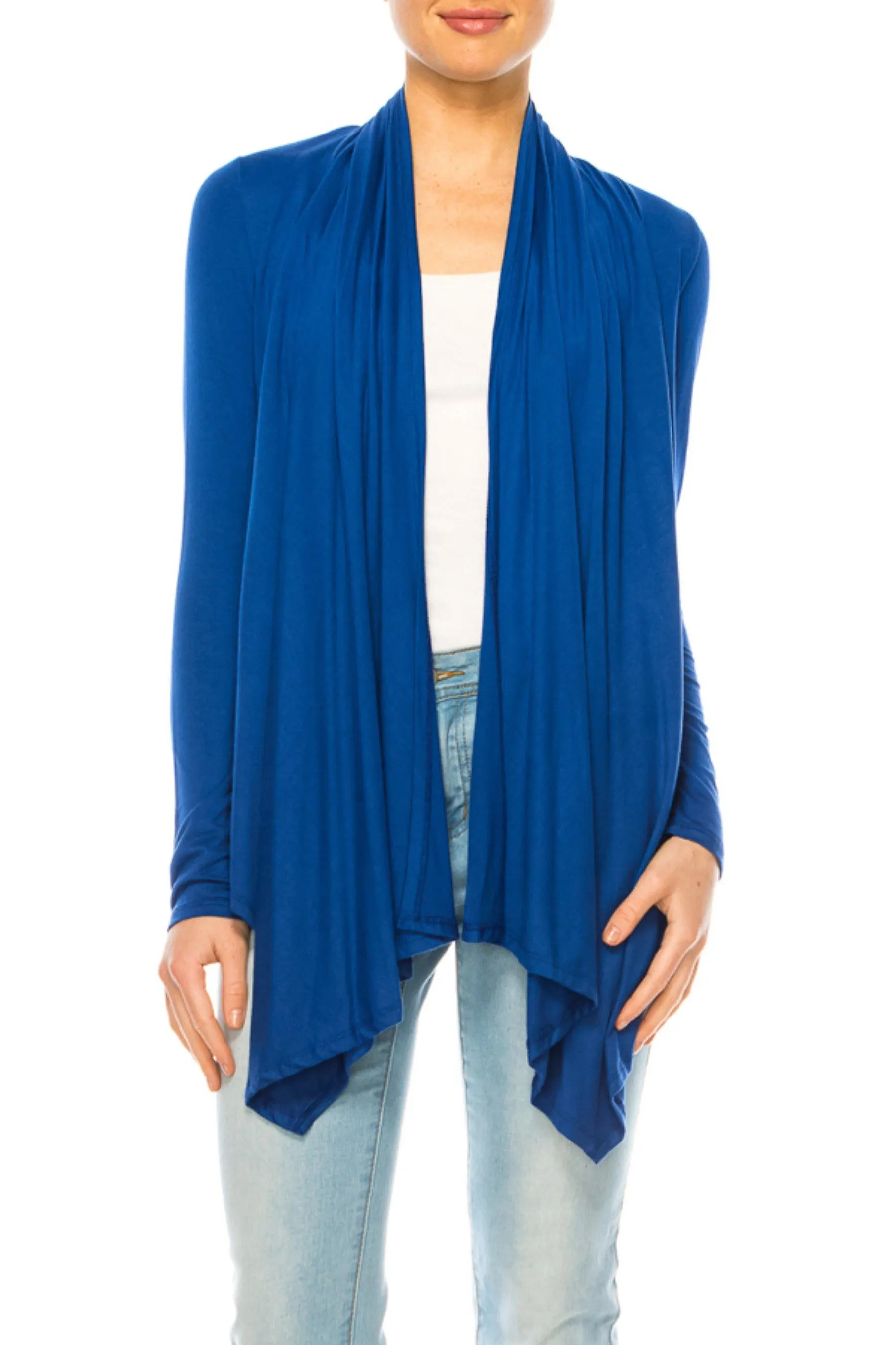 Women's Asymmetric Hem Cardigan with Draped Neck and Open Front