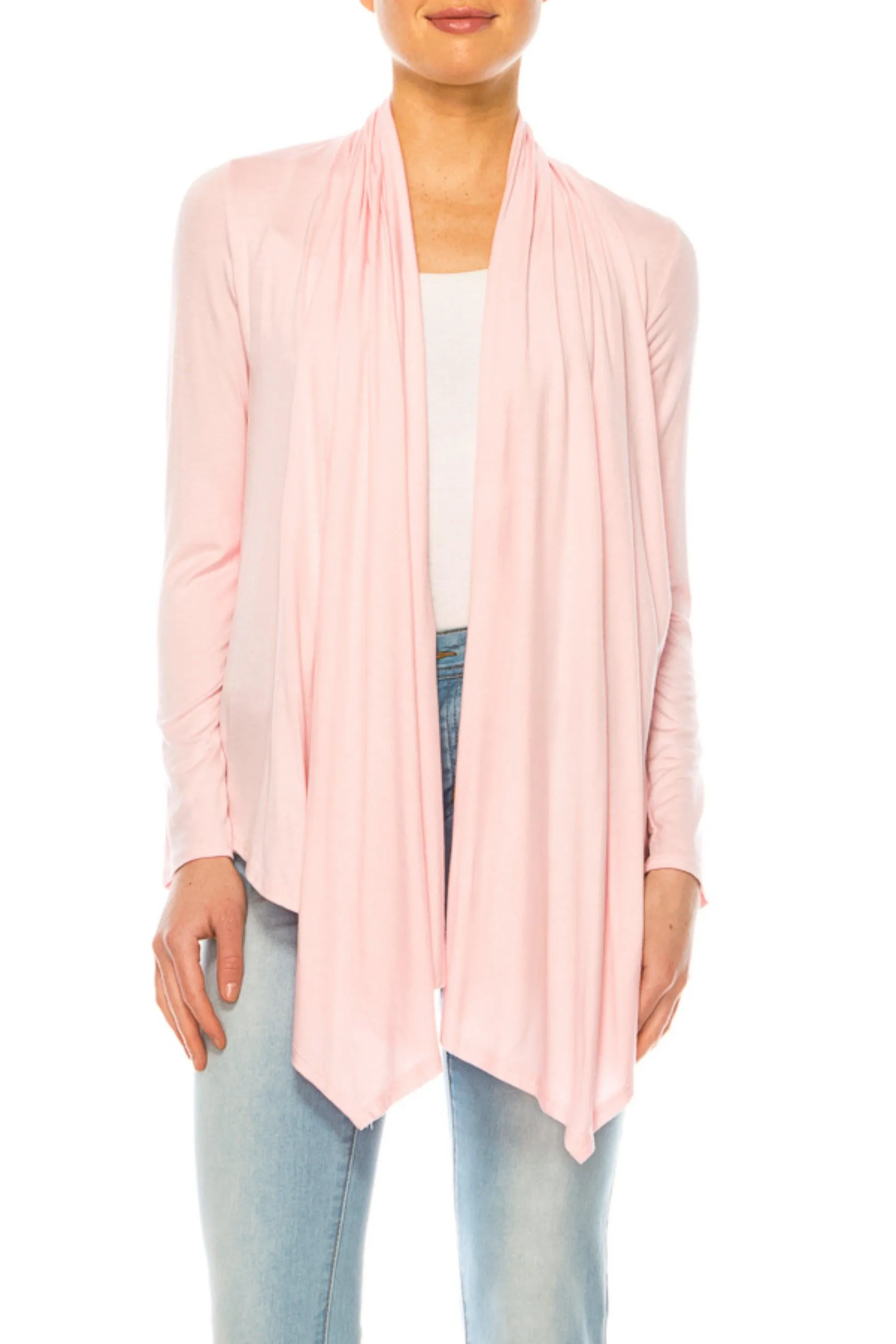 Women's Asymmetric Hem Cardigan with Draped Neck and Open Front