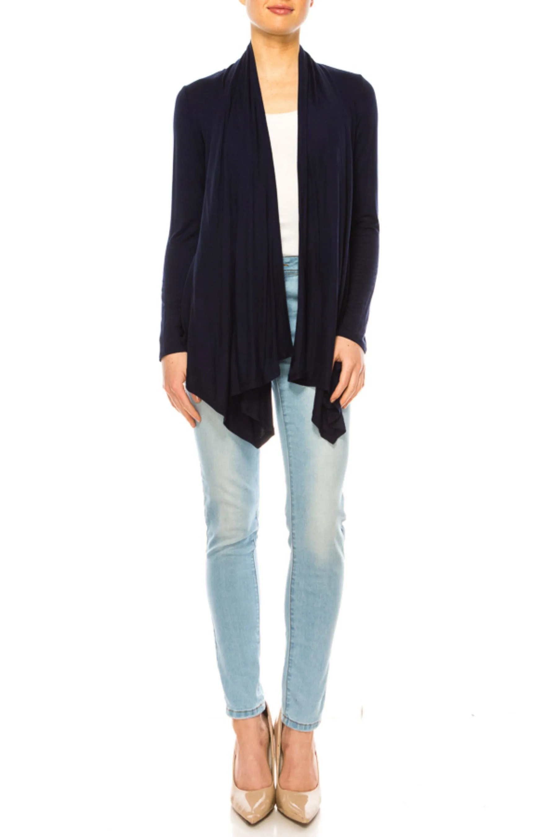 Women's Asymmetric Hem Cardigan with Draped Neck and Open Front