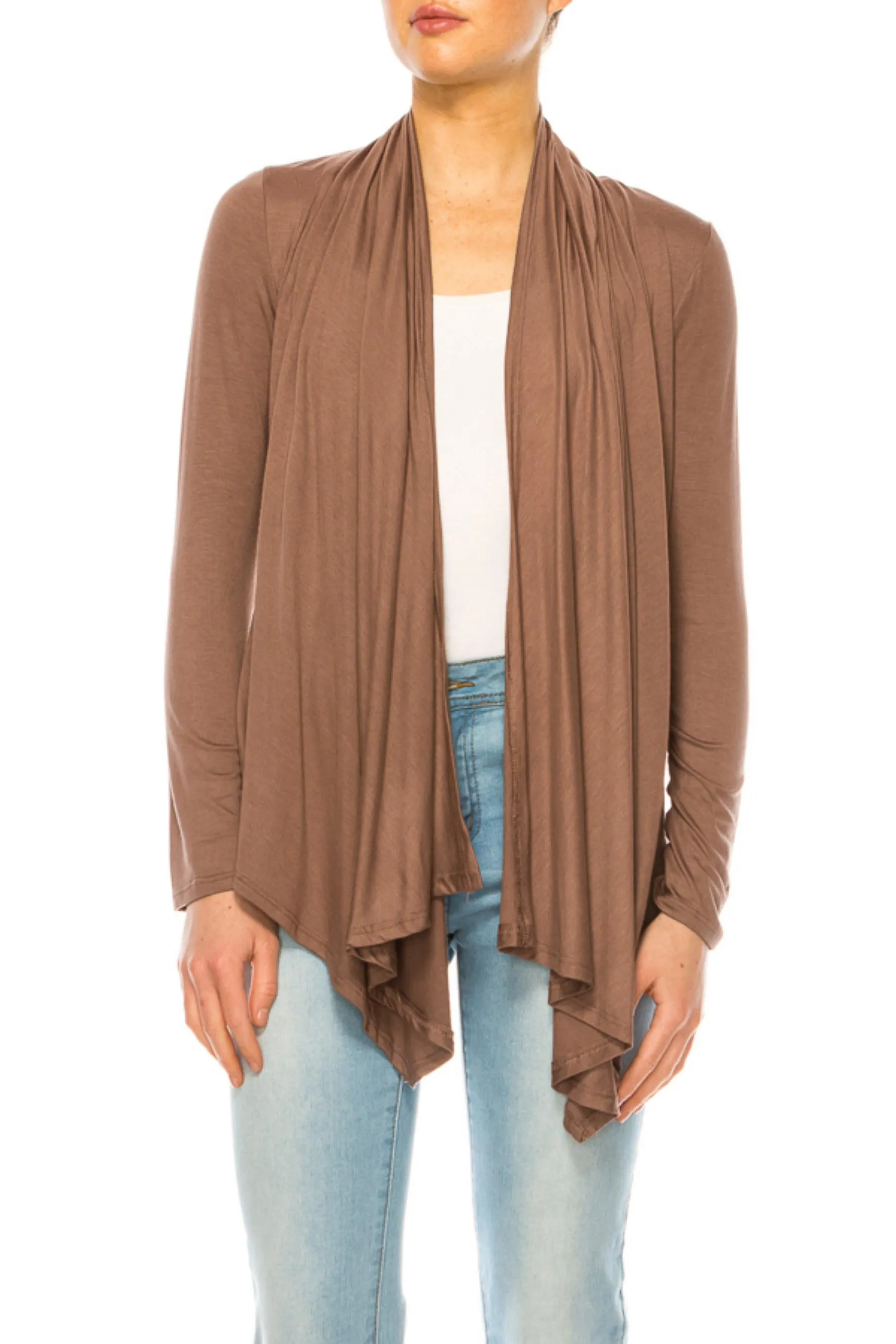 Women's Asymmetric Hem Cardigan with Draped Neck and Open Front