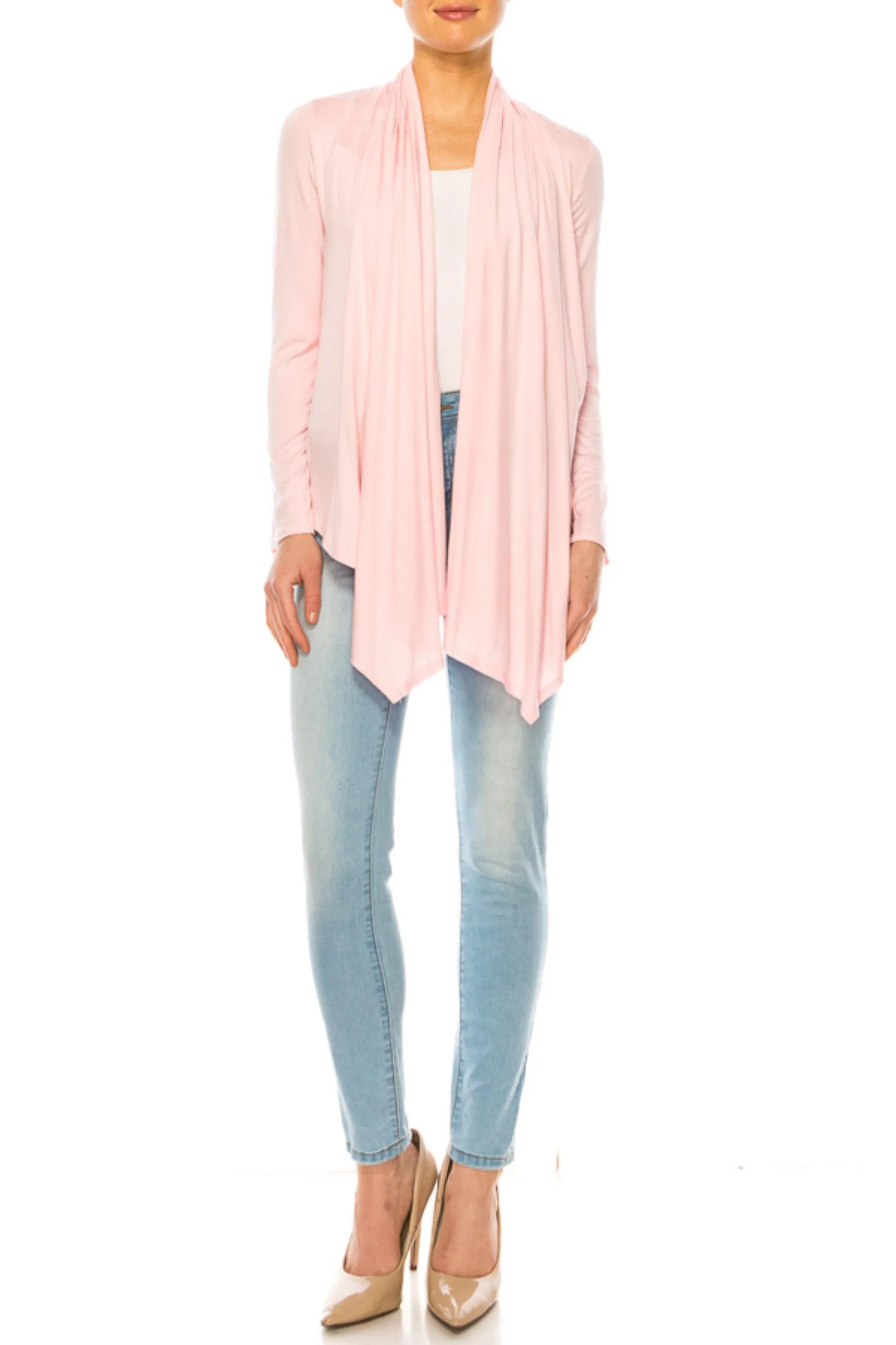 Women's Asymmetric Hem Cardigan with Draped Neck and Open Front