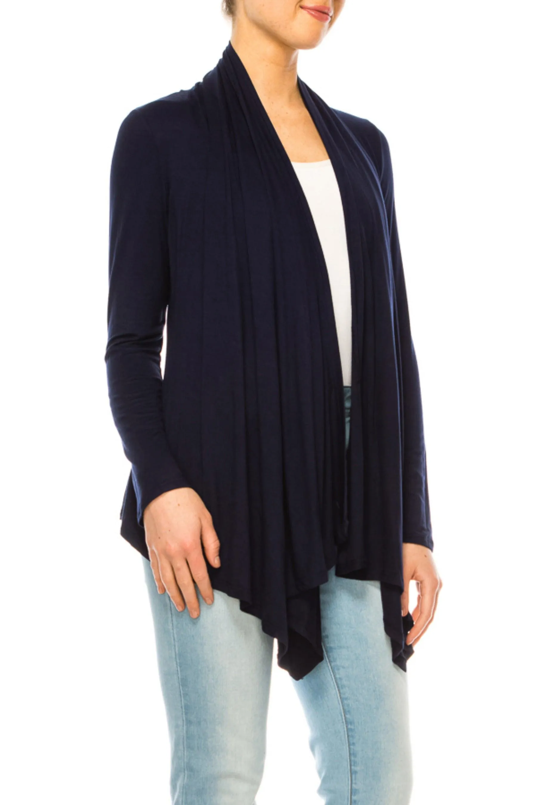 Women's Asymmetric Hem Cardigan with Draped Neck and Open Front