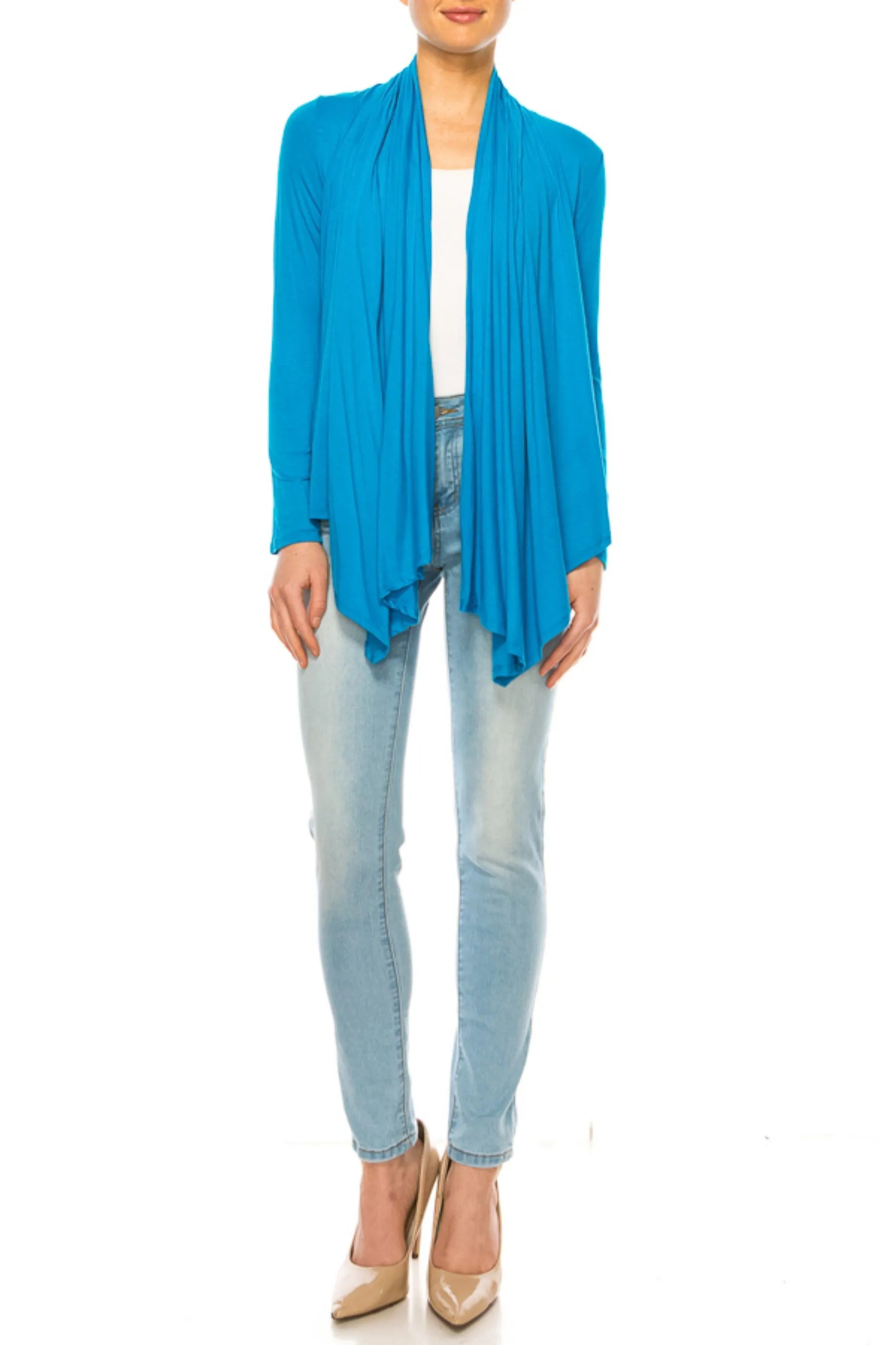 Women's Asymmetric Hem Cardigan with Draped Neck and Open Front