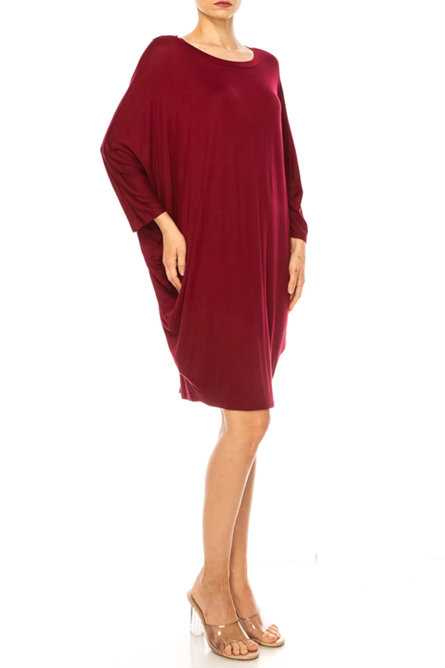 Women's Casual Loose Fit Long Sleeves Dolman Style Solid Midi Dress