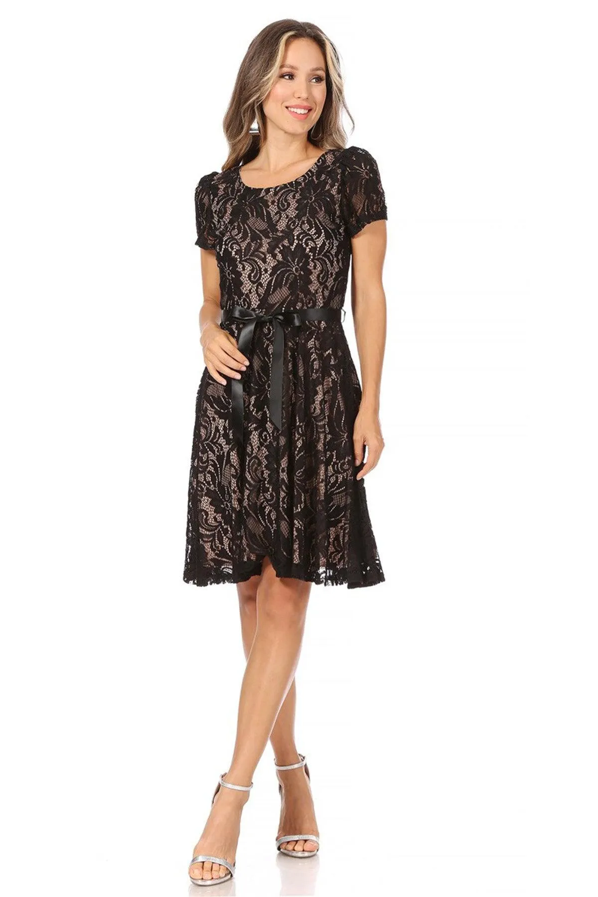 Women's Lace Short Sleeve A-Line Party Midi Dress