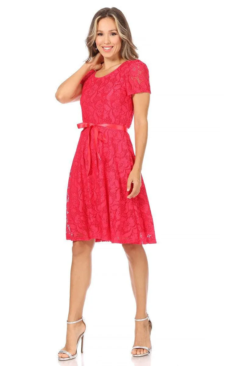 Women's Lace Short Sleeve A-Line Party Midi Dress