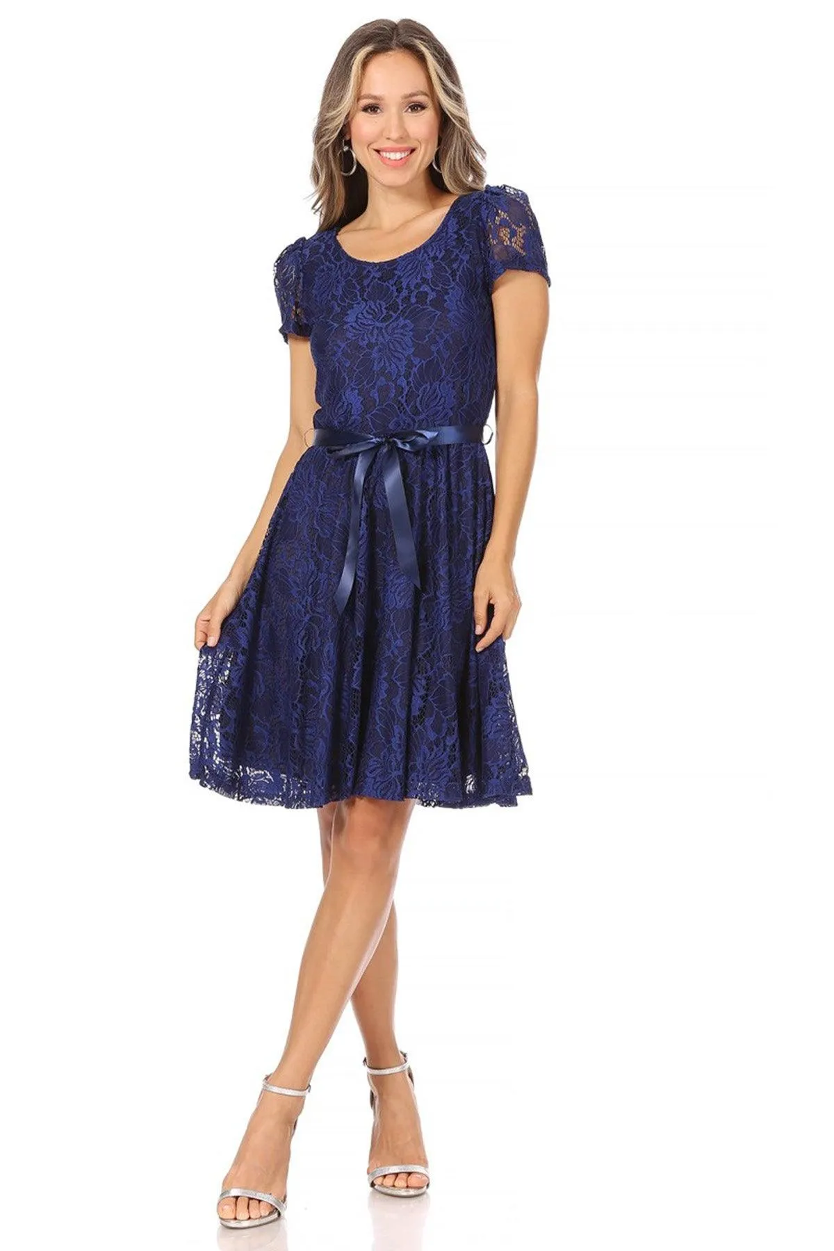 Women's Lace Short Sleeve A-Line Party Midi Dress